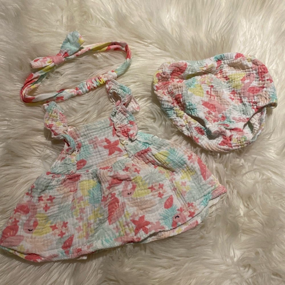 3/25$ Baby on Board 3 piece Flamingo Floral Print Dress Diaper cover headband